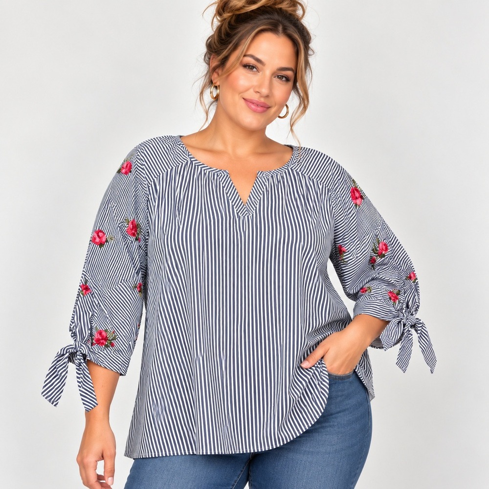 ALYX Women 3X Striped Blouse Floral Embroidered Tie Sleeve Plus Boho Cottagecore